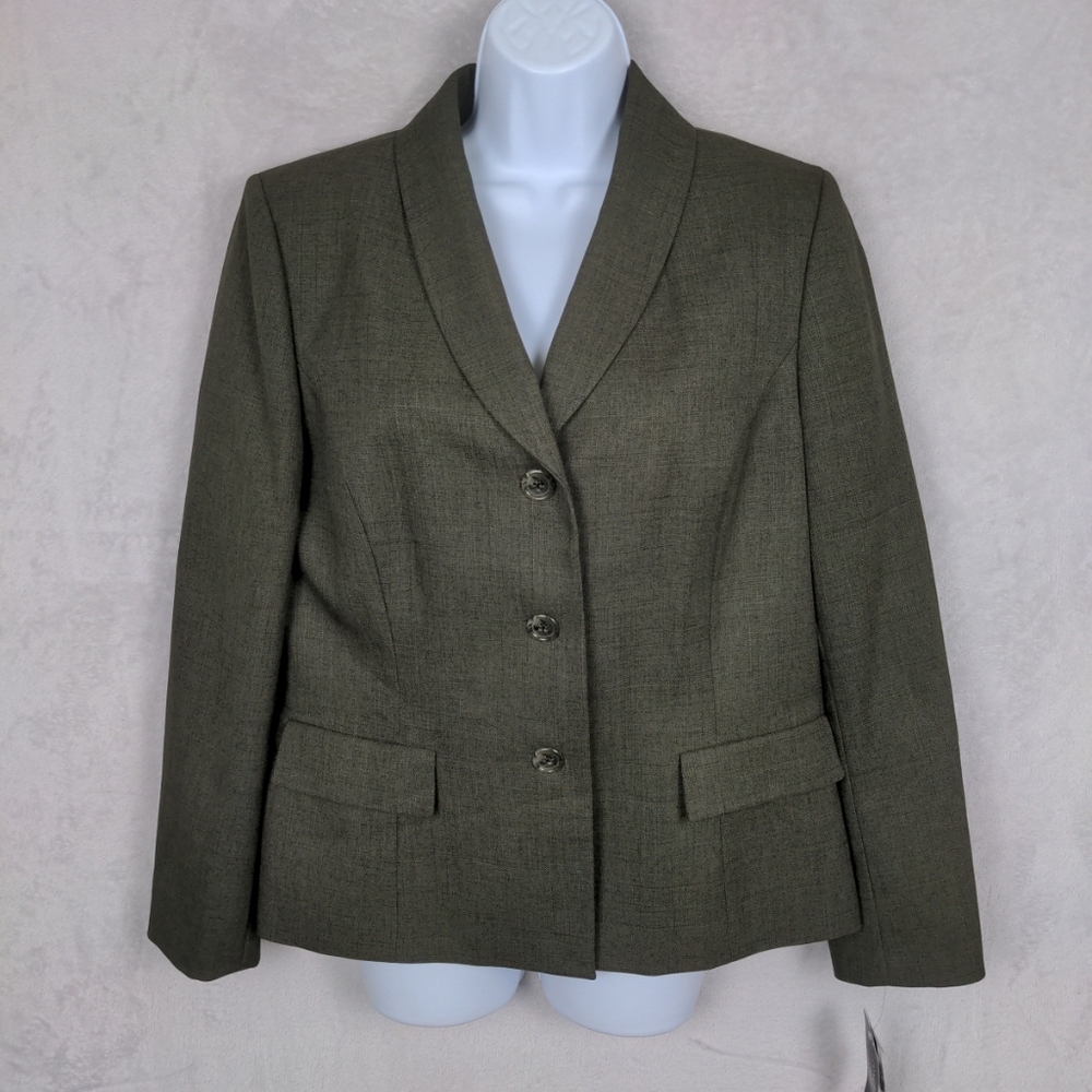 NWT Jones Wear Suit Jacket Blazer Women 12 Olive 3 Button Shoulder Pads Office